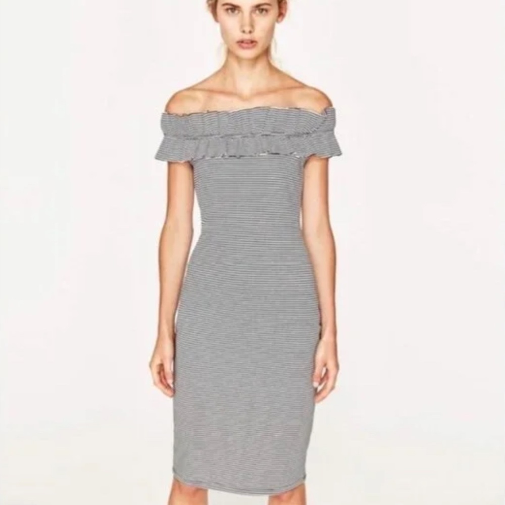 ZARA -  Ruffled Off Shoulder Stripped Bodycon Dress -Size S